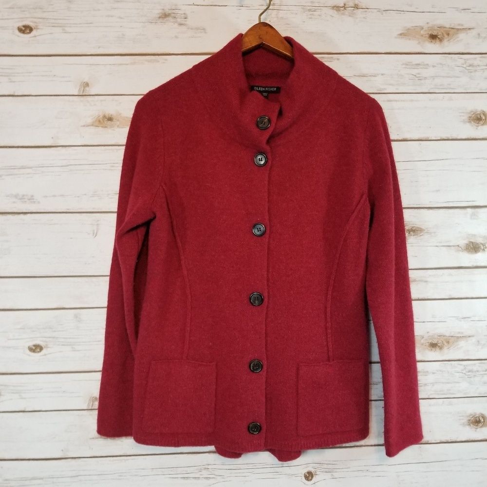 Eileen Fisher | Deep Red Cardigan Wool Sweater
